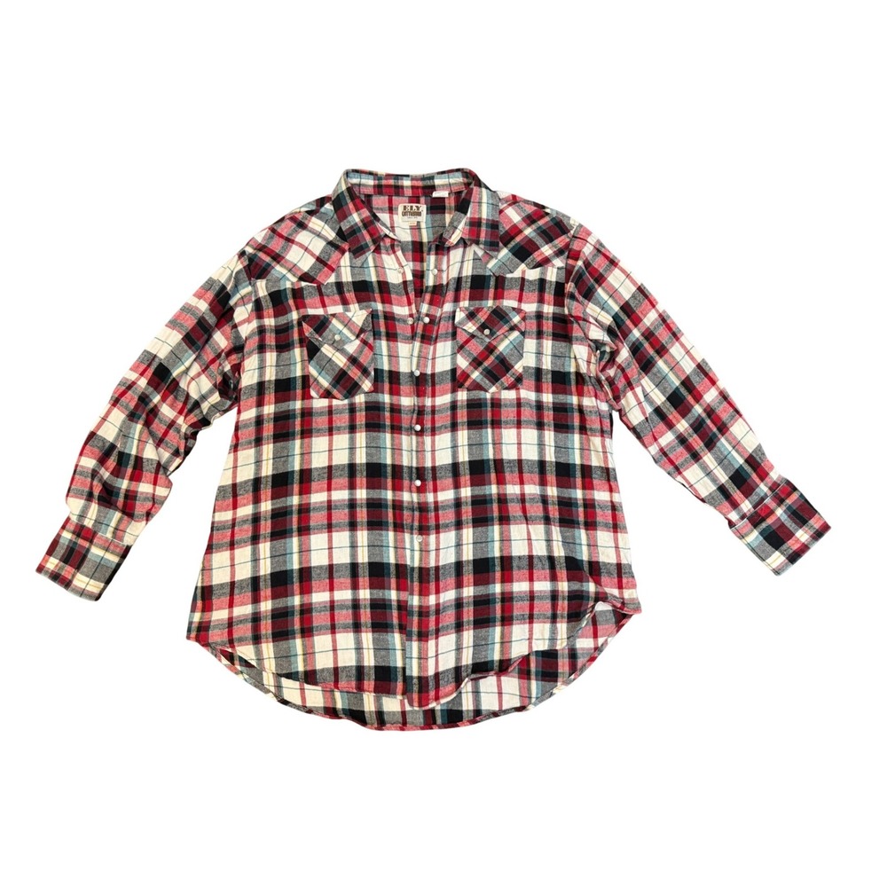 Ely Cattleman Mens XXL Red White Black Plaid Pearl Snap Western Flannel Shirt
